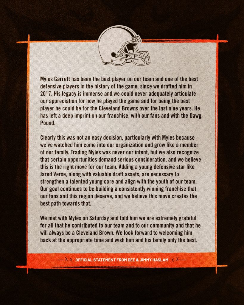 Myles Garrett: Official Statement From Dee And Jimmy Haslam