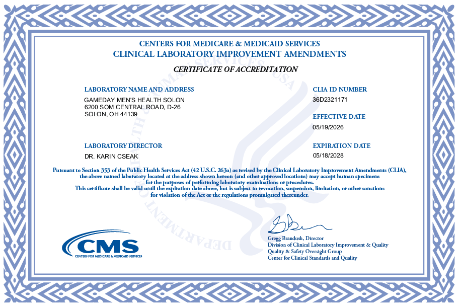 Gameday Men’s Health Solon Earns COLA Accreditation and Achieves a Perfect Laboratory Survey