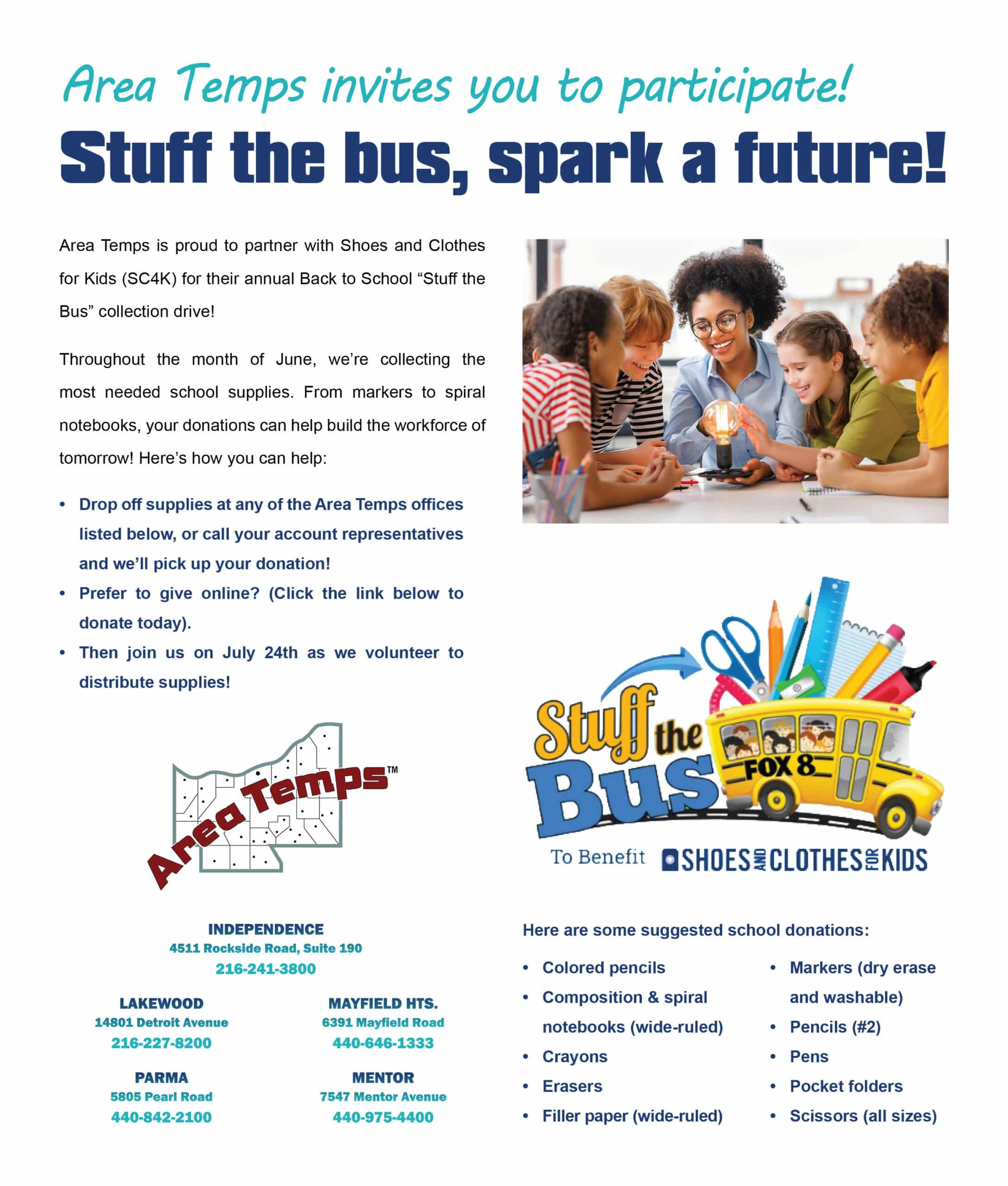 Community Spotlight: Area Temps Partners With SC4K, Collects School Supplies, and Seeks Volunteers for Stuff the Bus Campaign