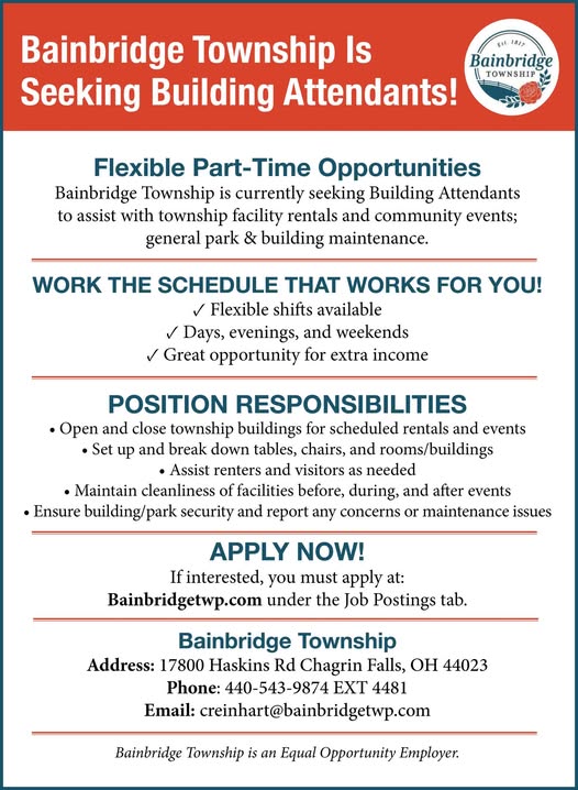 Bainbridge Township Hiring Part-Time Building Attendants at $20/Hour