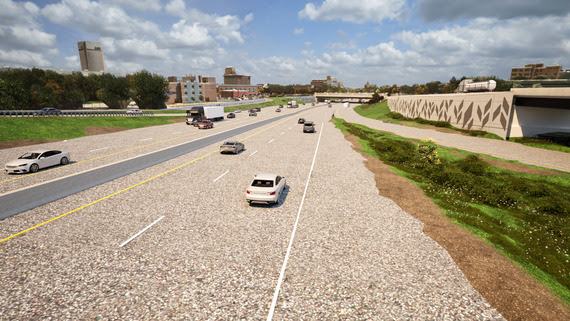 Rendering of enhanced aesthetic improvements on I-90 looking north towards East 22nd Street