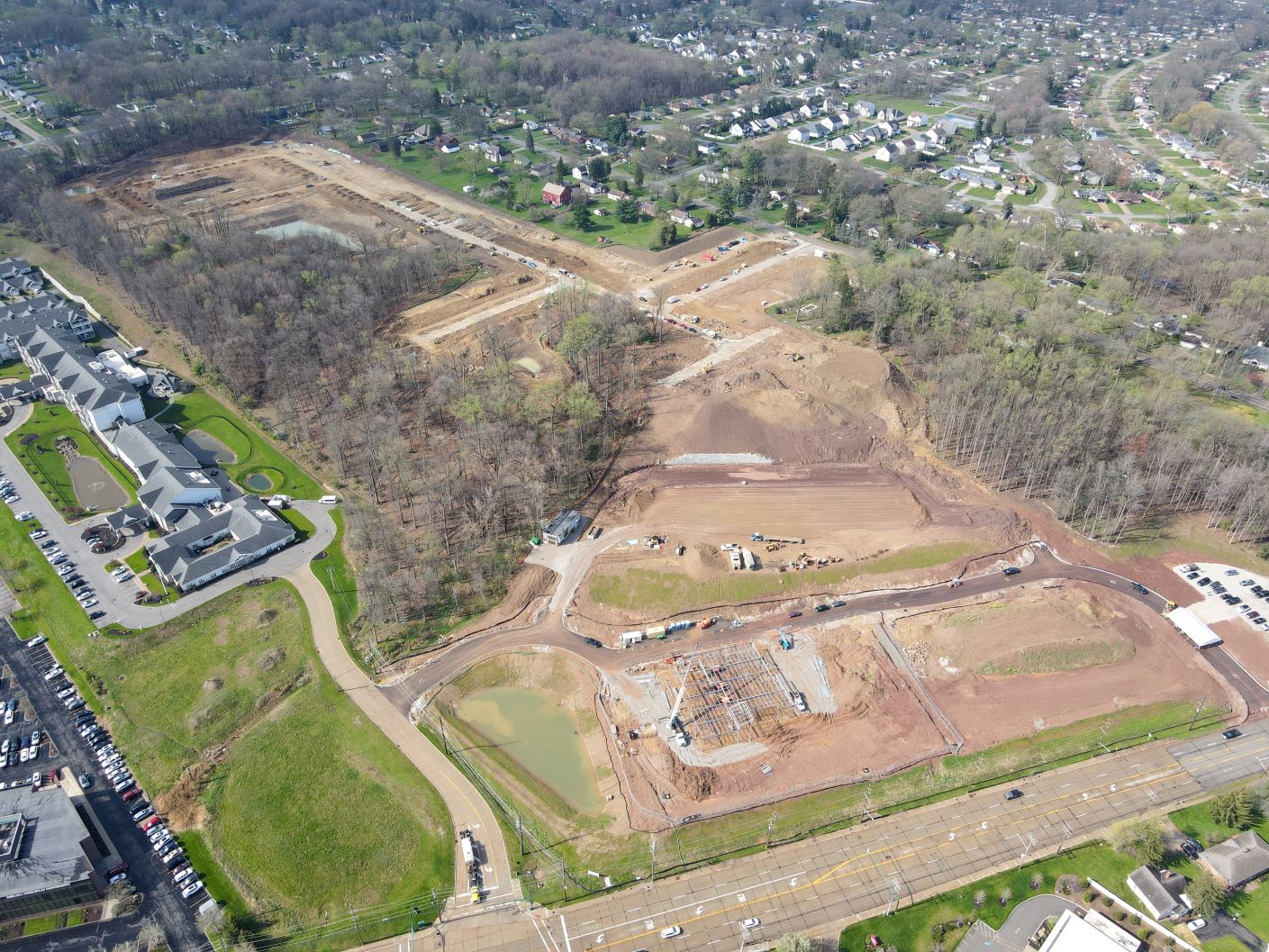 Aerial view of the Cleveland Rehabilitation Hospital construction site on Rockside Road in Seven Hills